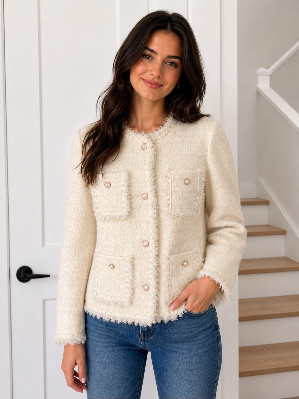 Brand Bazar Tweed Look Cream Metallic Jacket